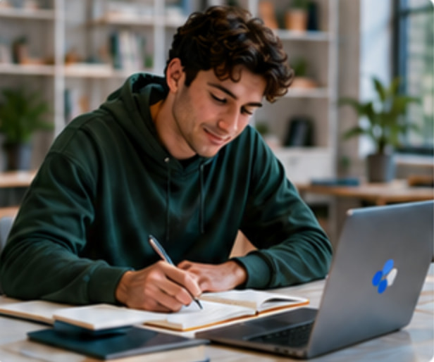 College student writing notes beside a laptop.
