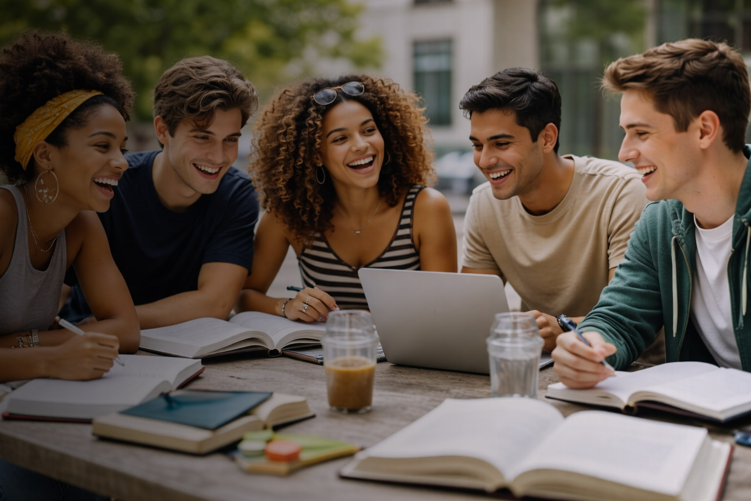College students studying together around a laptop outdoors.