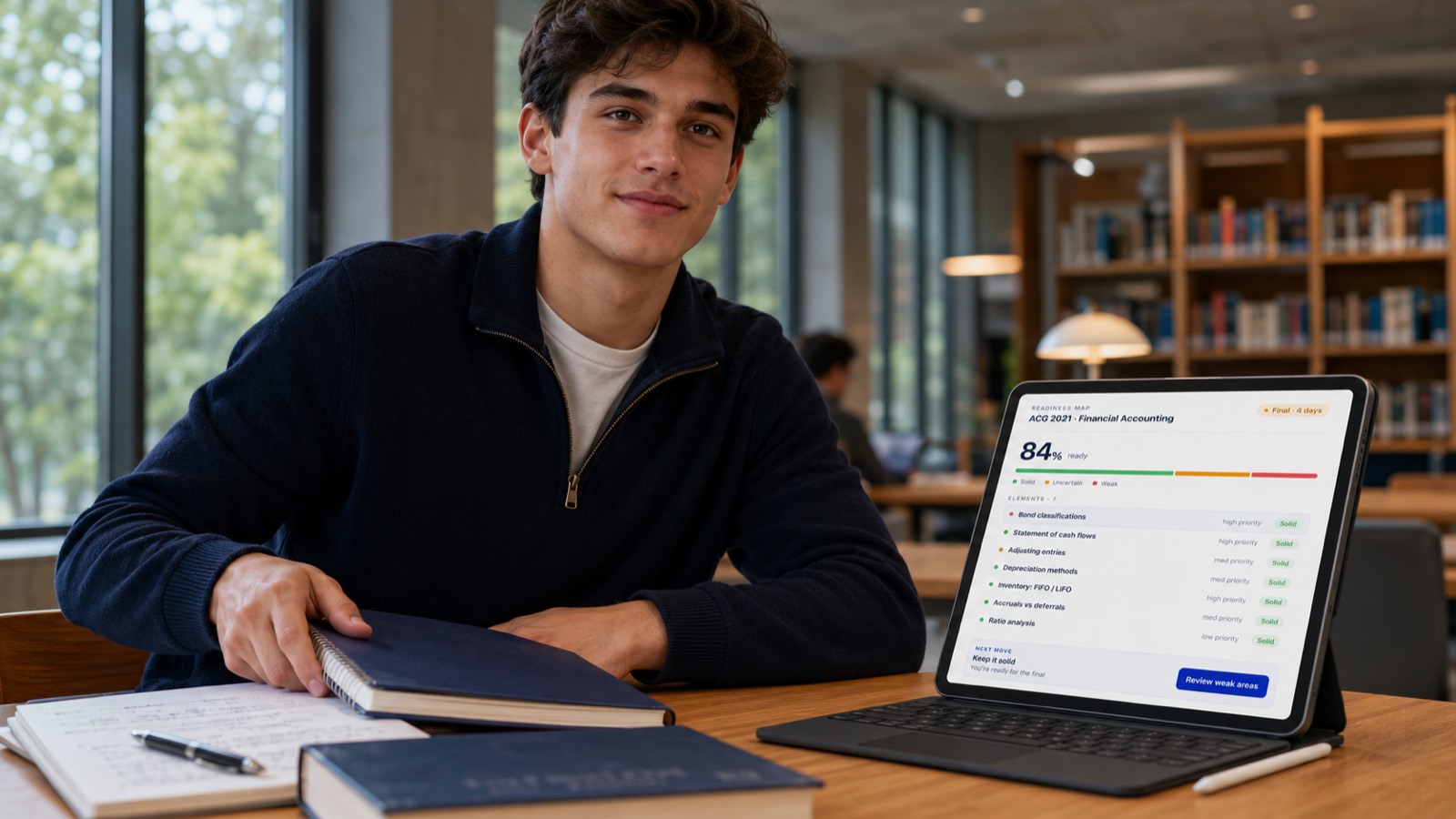 A student in a library reviewing his Harbor readiness map on a tablet.