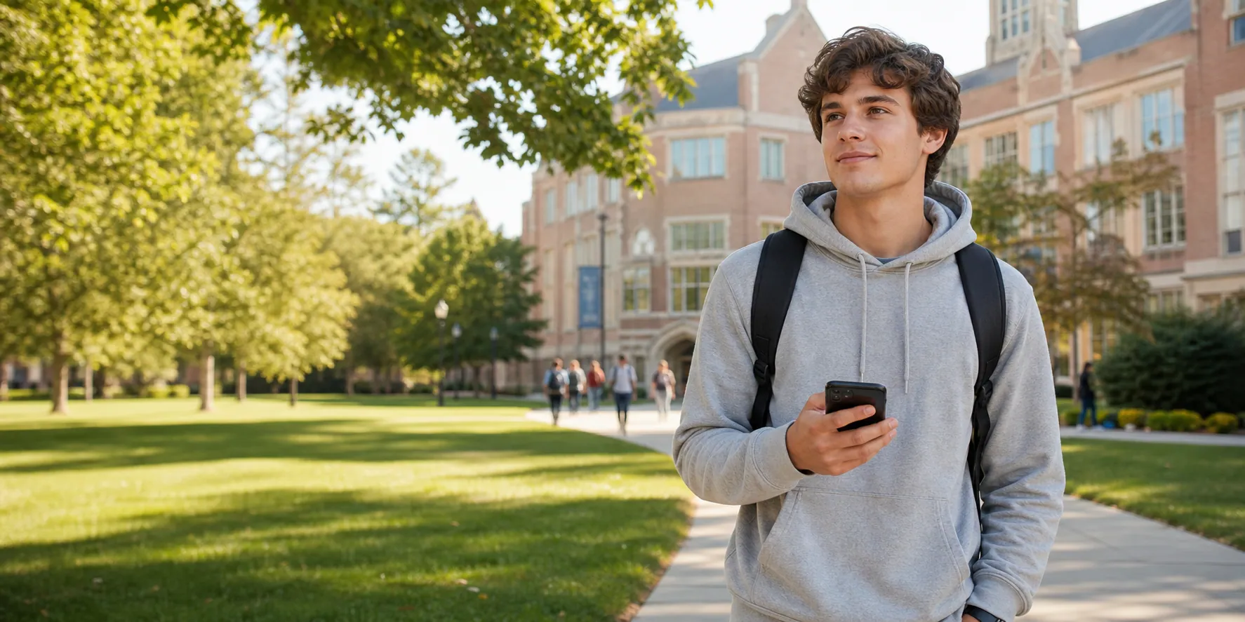 A calm, prepared student walking across campus
